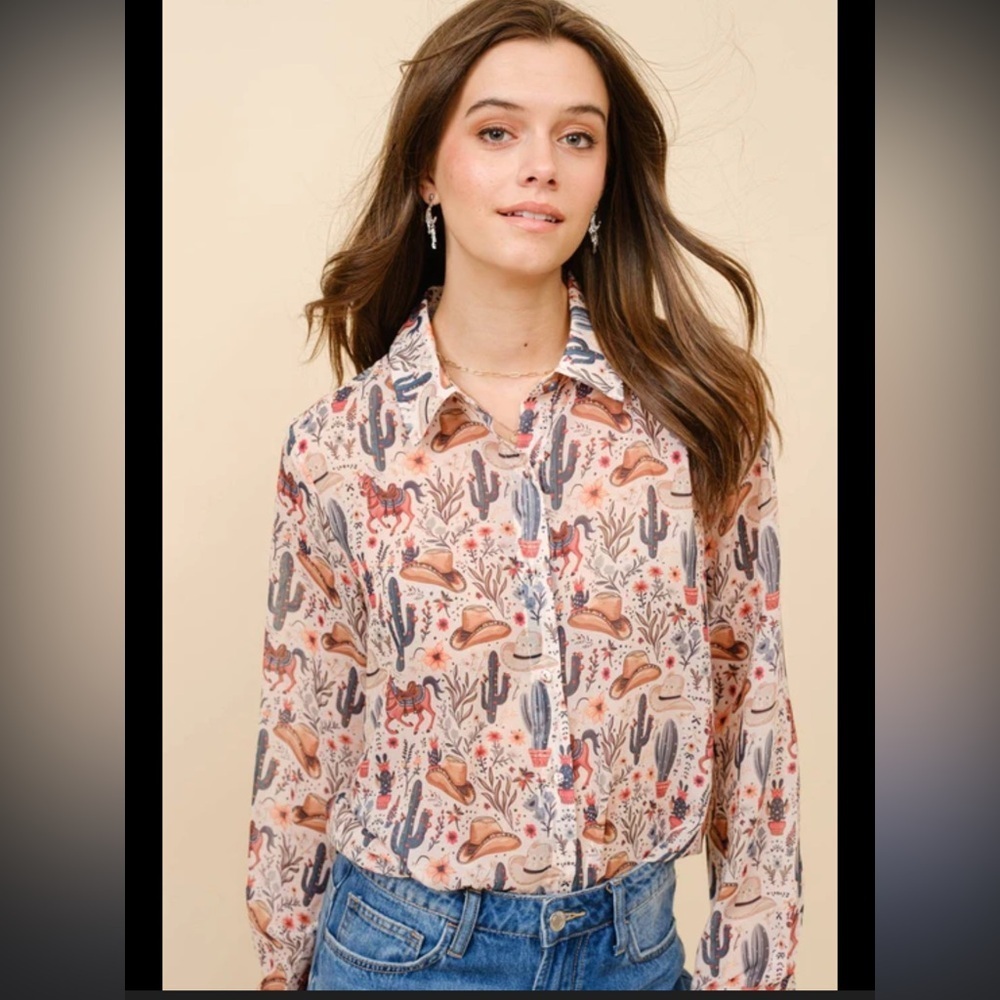 Blue B. Collection Western Cowgirl Painted Desert Chiffon Button Up Blouse L $68